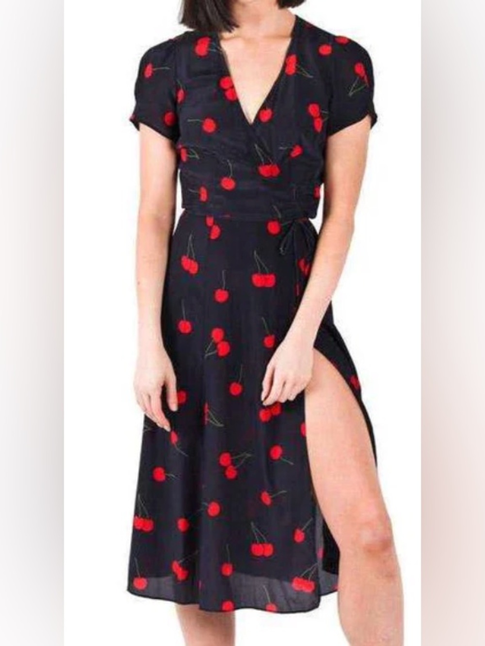 REALISATION PAR CHERRIES SILK WRAP MIDI DRESS, XS